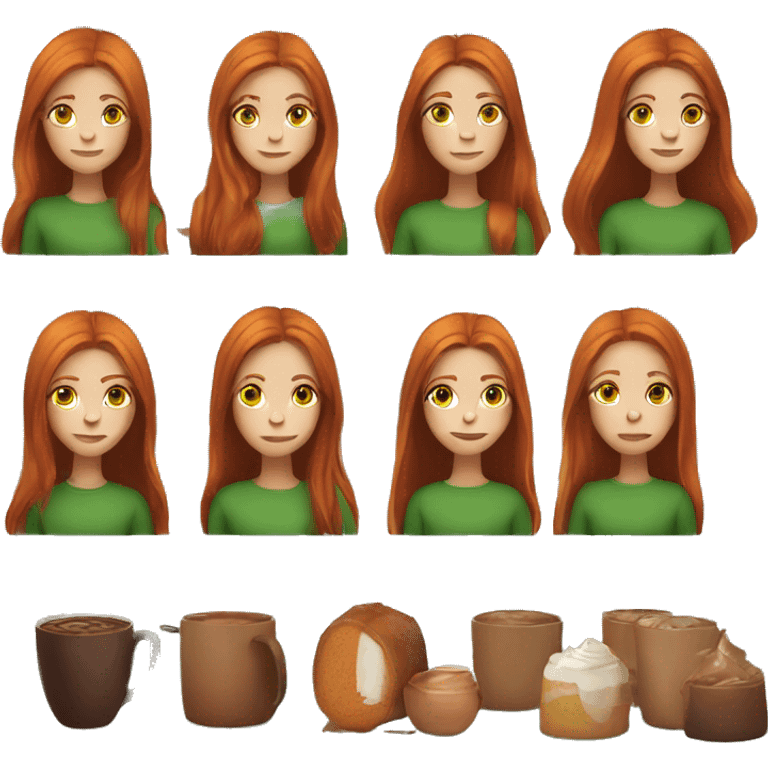 A dark redhead with straight long hair, a girl with green eyes in an orange sweater and a hot chocolate  emoji