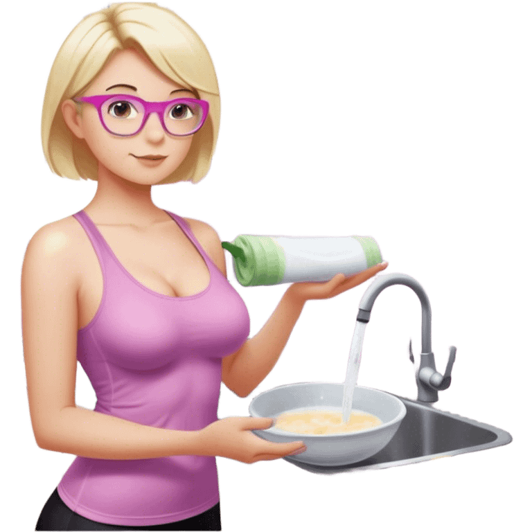 Thick fair skinned woman, short blond hair, small light purple reading glasses, washing dishes, sheer pink tank top, showing natural breast shape SFW, black yoga pants, thick booty emoji