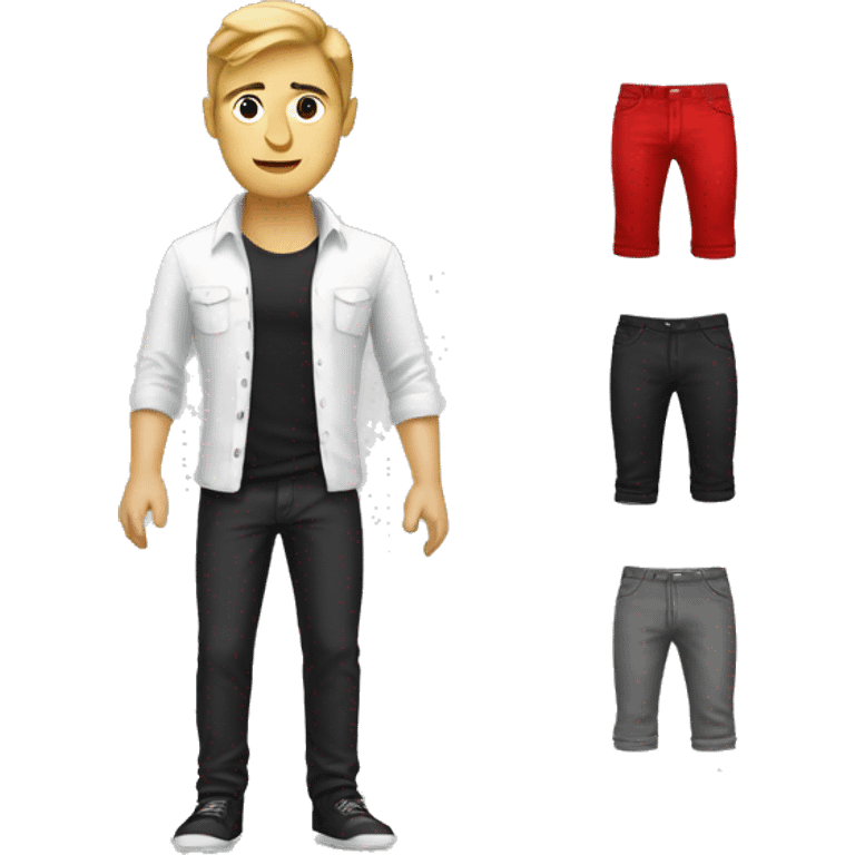 Black and white shirt, red pants, guy emoji