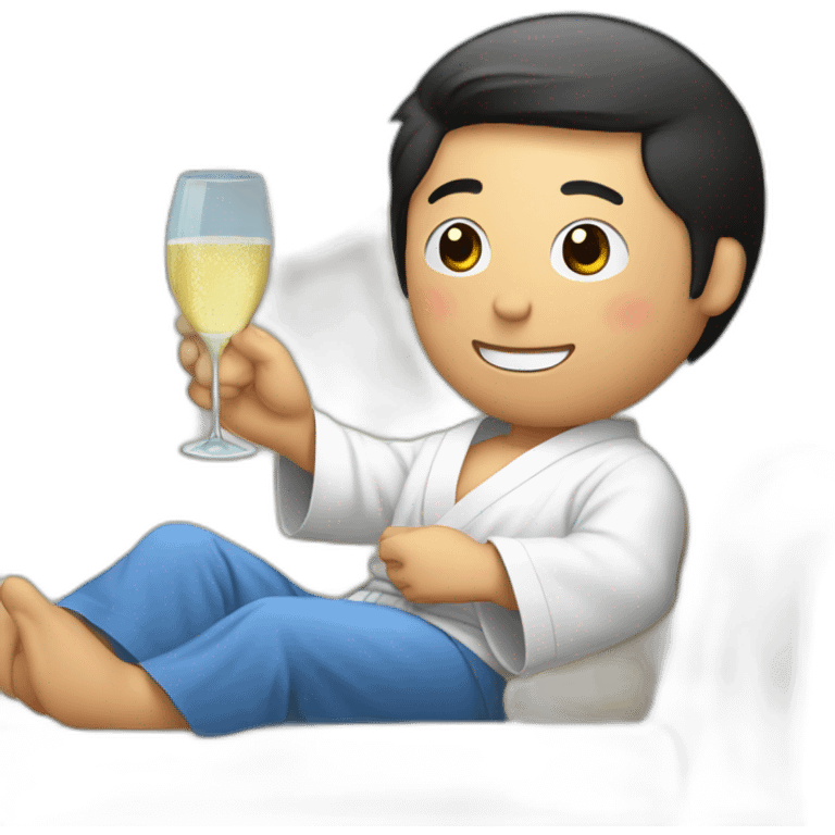 A Korean man in a bathrobe on the sofa with a glass of champagne emoji