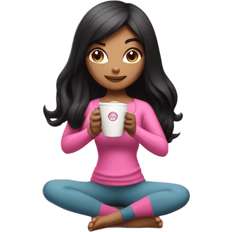 Yoga catgirl with coffee black long hair and gothic skin full body pink sport  emoji