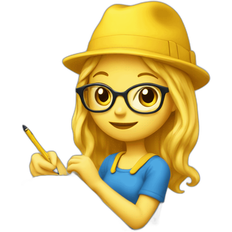 a girl with yellow hair in a blue hat with a yellow mallow holds a pen and a notebook in her hand emoji