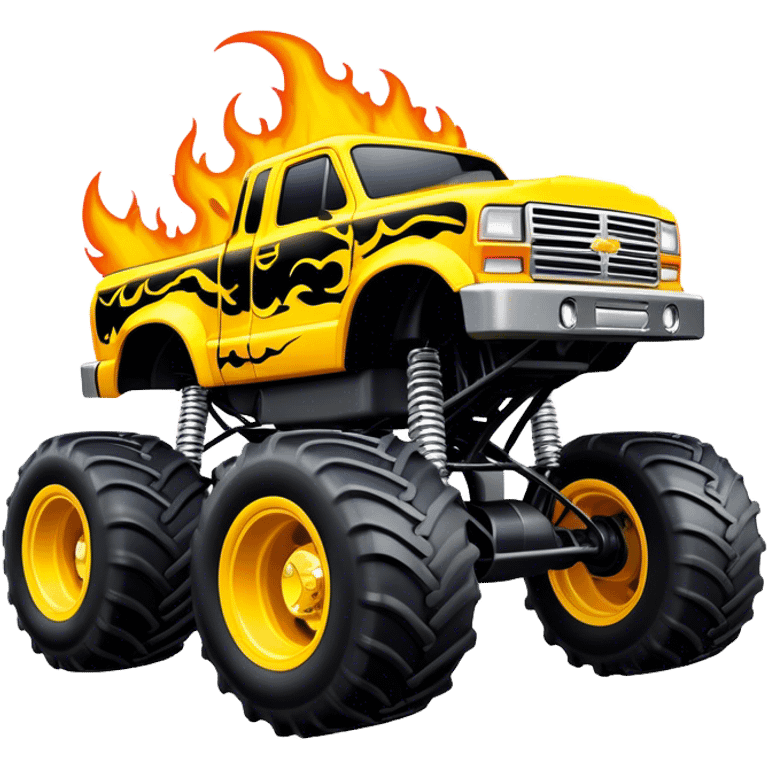 Maximum Destruction - Monster Jam (Model Year: 2021) (Iconic colour: Yellow with black flames) - A ferocious monster truck featuring a vivid yellow base accented by dramatic black flame patterns. Emphasize sharp, high-contrast flame streaks across the body, creating a look of aggressive, explosive energy. emoji