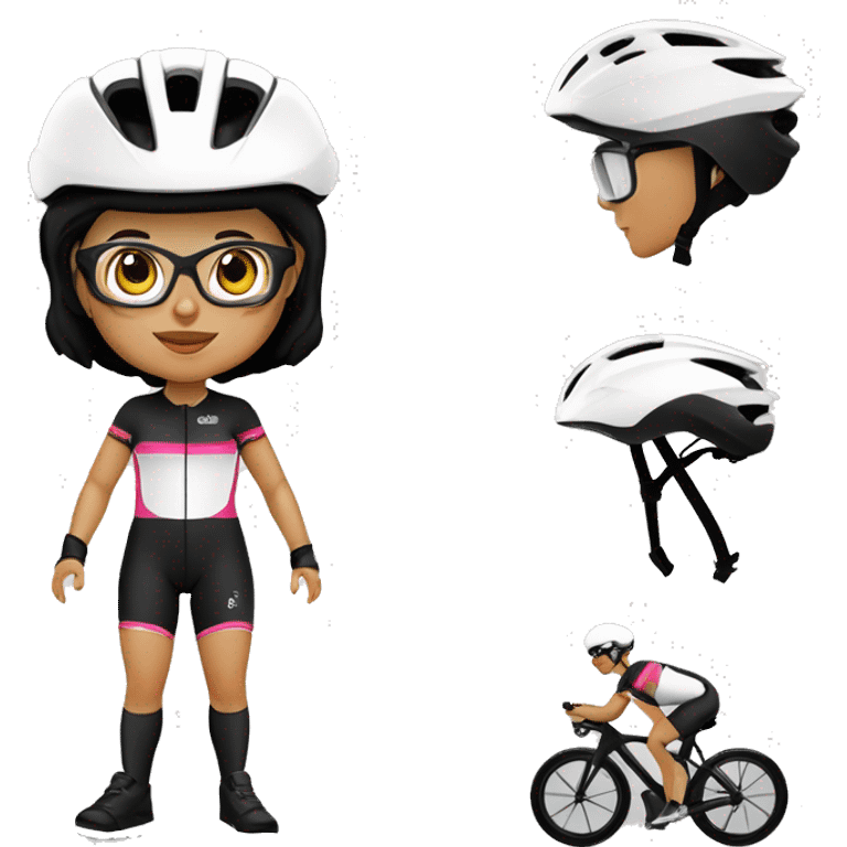 Ciclista MUJER de piel morena clara de contextura delgada estatura alta con zapatillas de ruta blancas licras negras y maillot blanco casco blanco y gafas negras con barba regular emoji