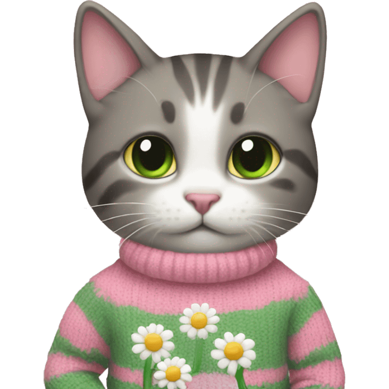 Cat is holding daisy and wearing pink green sweater emoji