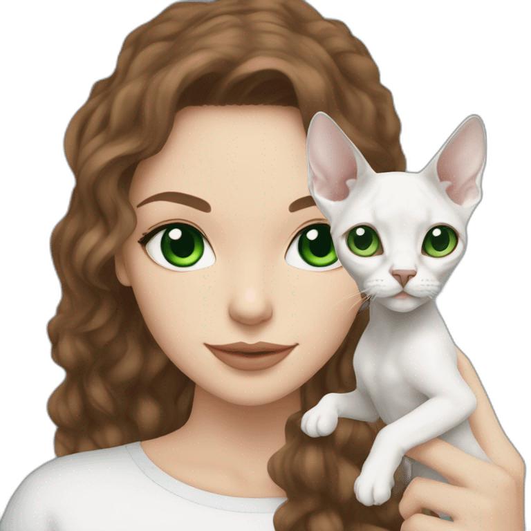 White brunette long hair woman with green eyes holding slim white devon rex with blue eyes emoji