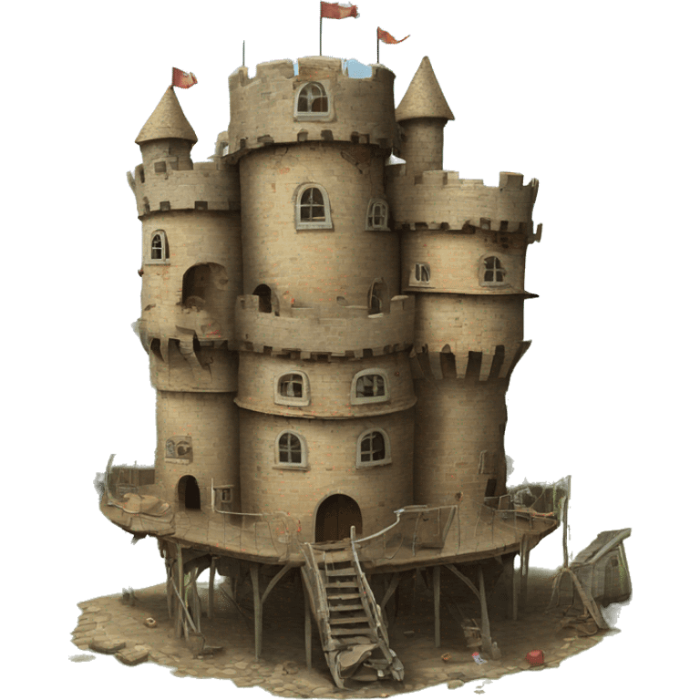 Multiple pieces of junk creating large round castle house, on four tall legs  emoji