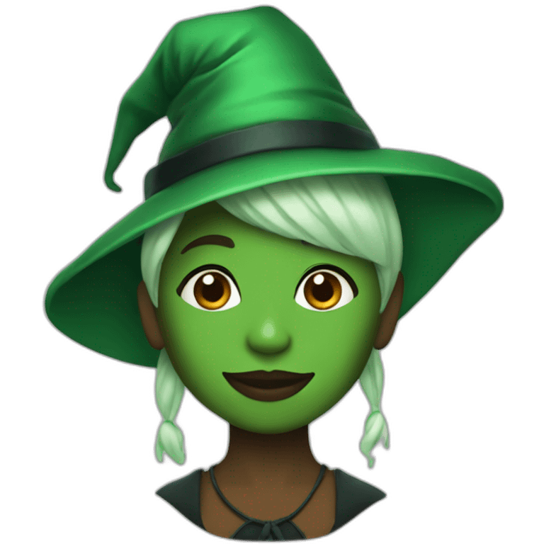 Cynthia Erivo with green skin and a witch hat emoji