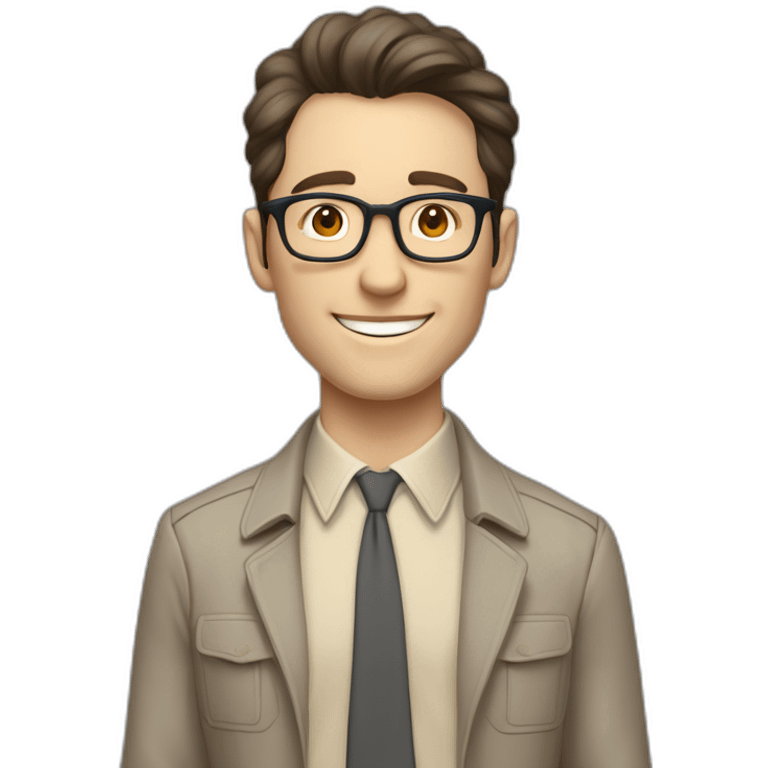 Joyful Full height Pale skinned Fit Man With dark brown hair in gray jacket, beige office shirt, Brown pants and vintage glasses. His thrumbs up emoji