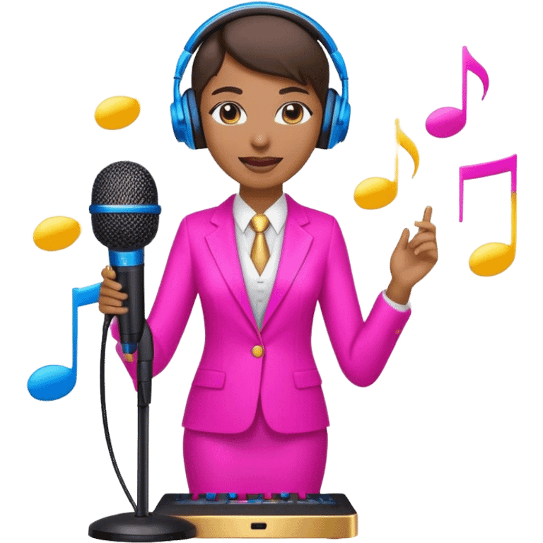 Create a vibrant and energetic emoji that represents pop or stage vocal performance. The design should feature a microphone on a stand, musical notes, and an illuminated stage or spotlight to symbolize the live performance aspect. Add an elegant stage costume, such as a suit or glamorous outfit, to emphasize the theatrical side of pop singing. Include elements like studio headphones, a music mixer, or a soundboard to reflect the modern, studio-based nature of pop vocal performance. Use bright colors like neon pink, electric blue, and gold to convey energy, creativity, and the glamour of the stage. The background should be transparent. emoji