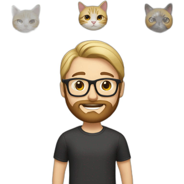 Man in bun, long beard, with glasses, juggling four cats, one blonde, one black, one gray, one black and white emoji