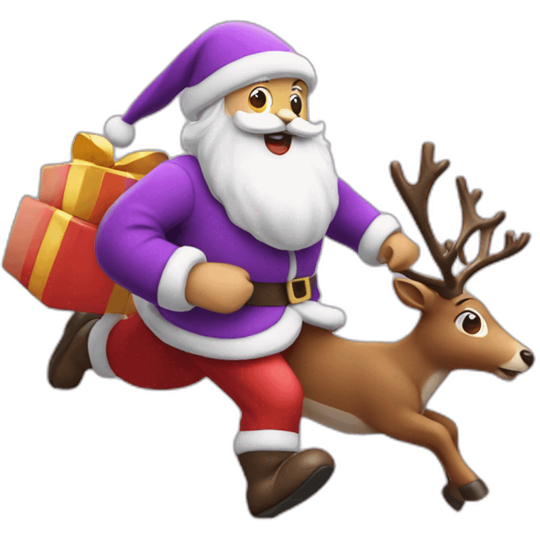 Santa Claus dressed in purple running with the reindeer to deliver the presents emoji