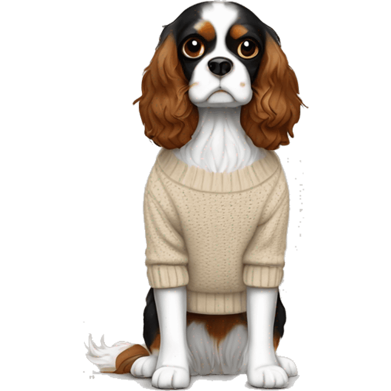 Black, white, and brown King Charles Cavalier Spaniel with a beige winter sweater emoji