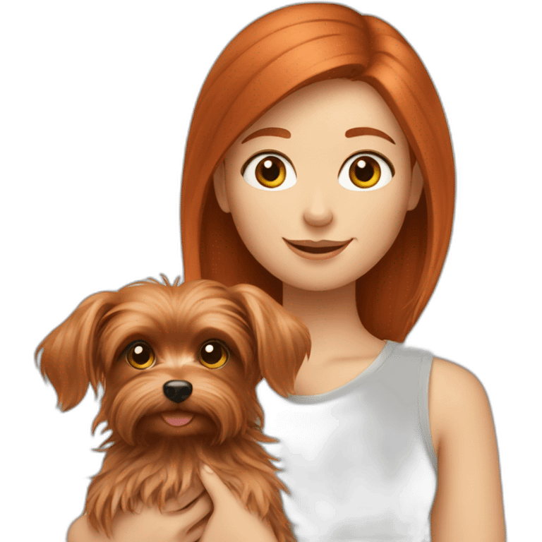 Redhead girl holds Yorkshire terrier emoji