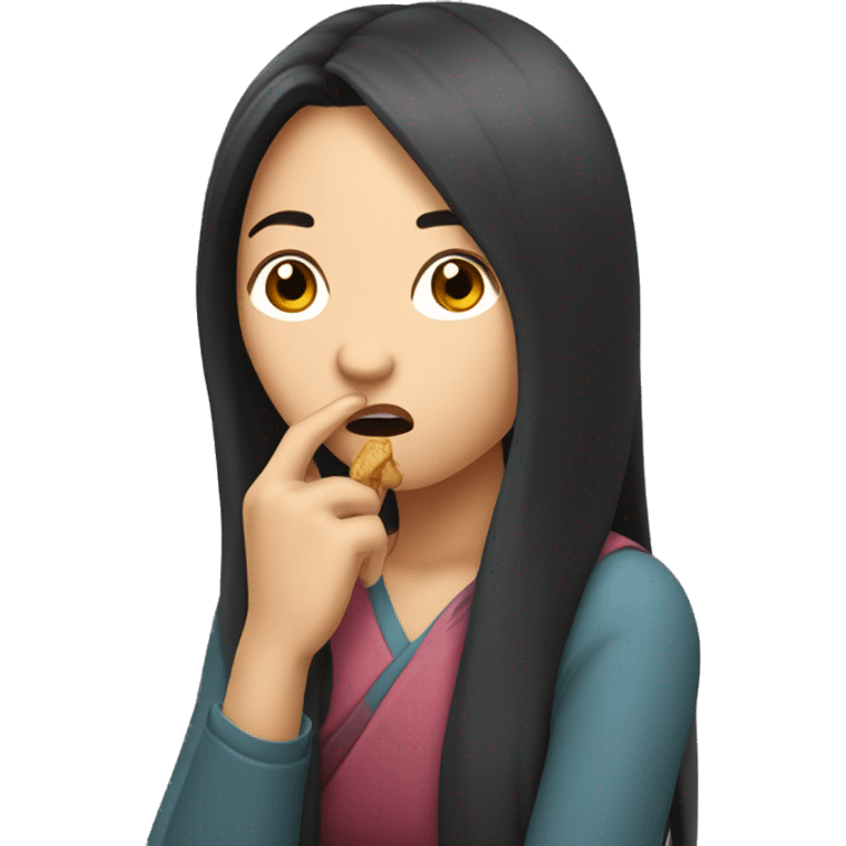 A long-haired Asian woman in her 30s looks worried while biting her hand emoji