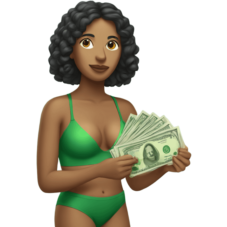 Peruvian woman in green and two pieces bathing suit holding money in her hand emoji