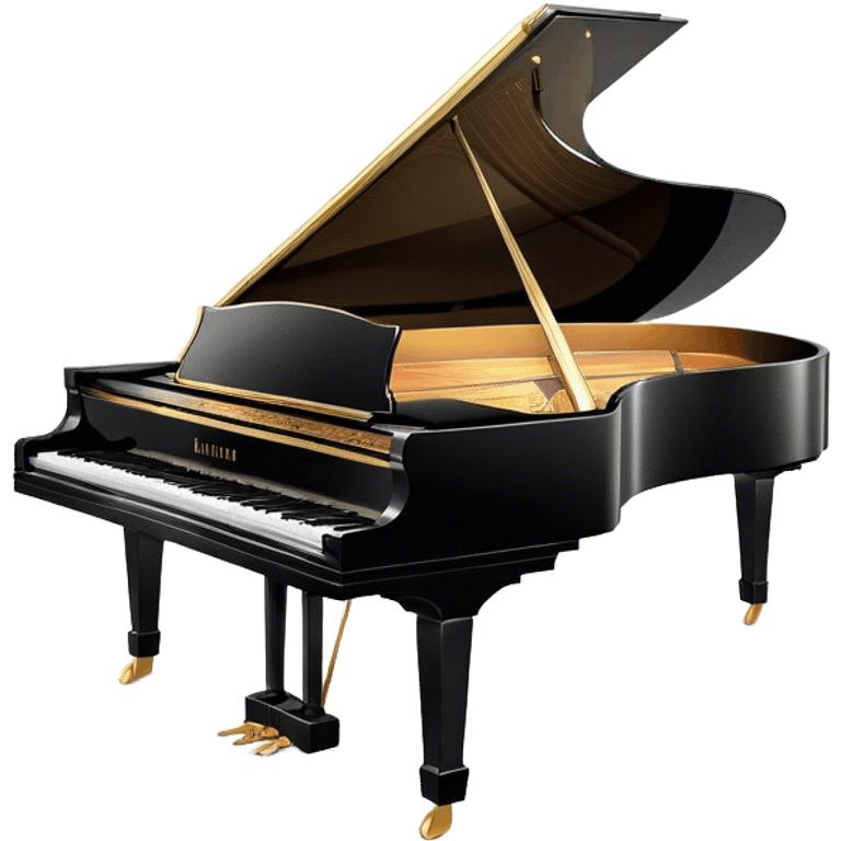 Cinematic Realistic Piano, glossy black grand piano with elegantly curved edges, pristine white and black keys, soft golden light reflecting off its polished surface, faint reflections of a musician’s hands, glowing with refined elegance and musical depth. emoji