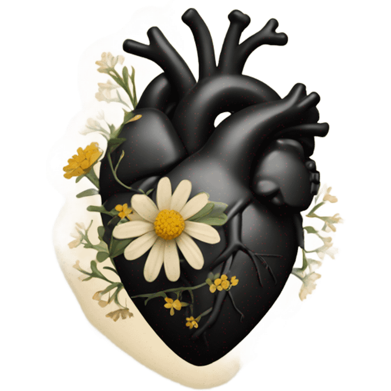 black anatomical heart with beige wildflowers emoji