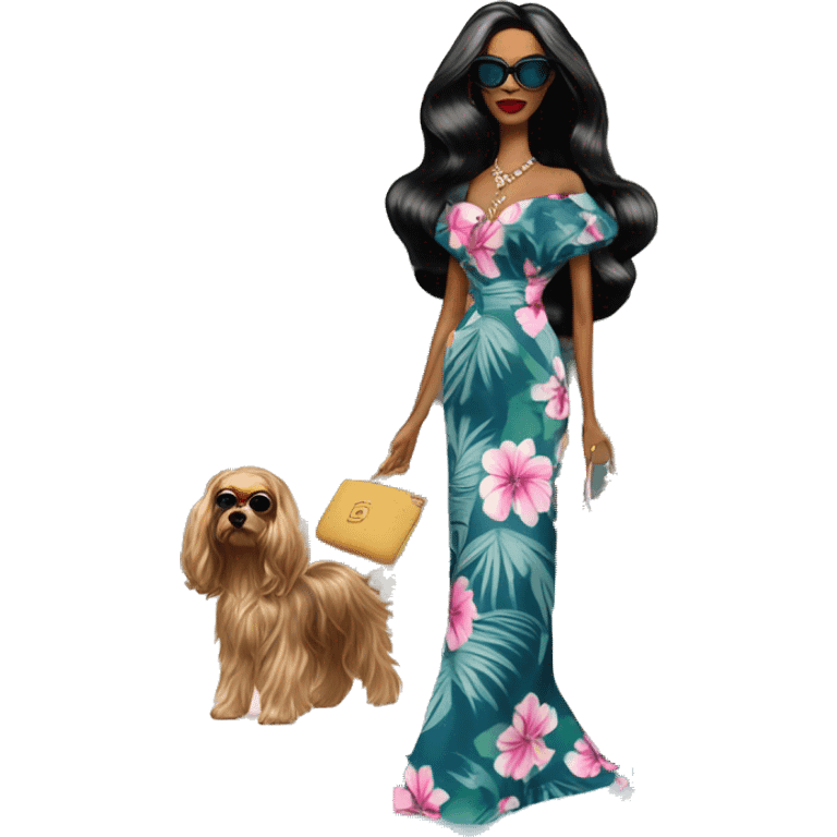 Palm Beach Breeze Barbie, teen Morticia Addams ,walking by the pool, white skin, full body visible, wavy hair,handbag, aloof,eyeshadow,earrings,open flowing floral caftan,small 2 piece, sunglasses on top,heels,holding yorkie Miss Thang emoji