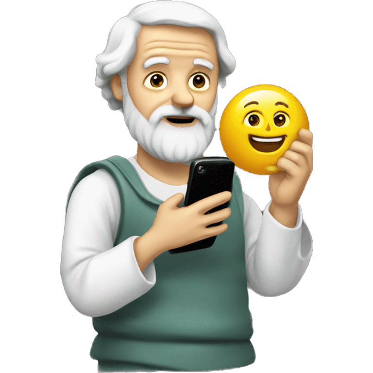 Aristotle holds a cell phone in his hand emoji