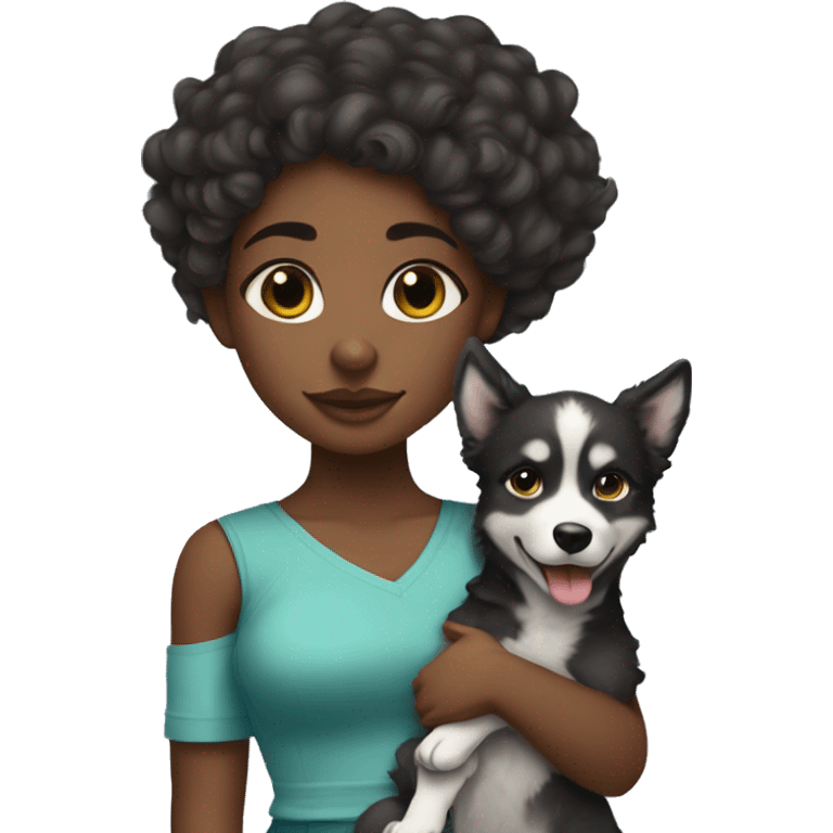 a black girl with long curly hair wearing a crop to with a small waist holding a baby husky dog  emoji