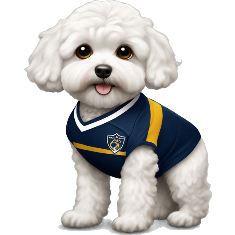 White Maltipoo wearing a LA Galaxy soccer jersey emoji