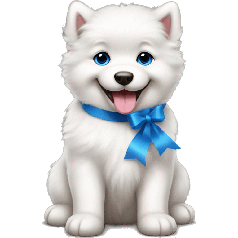 Samoyed puppy with big eyes and tongue smiling with blue Ribbon 
 emoji