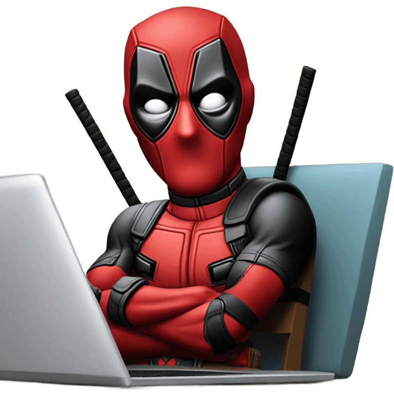 Cute Deadpool sitting at a desk, front view laptop emoji