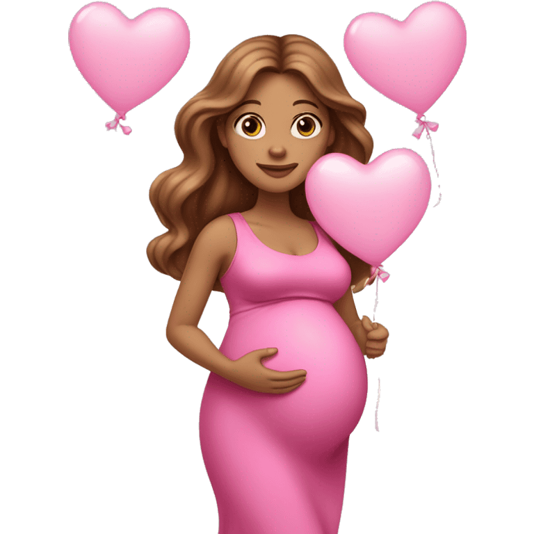 Brown pregnant lady, with Long Light Brown hair and blue eyes. She is wearing a tight pink dress and a bow,  standing and holding two pink heart balloons. emoji