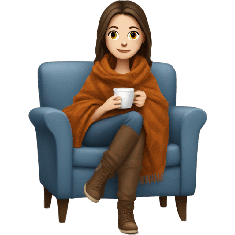 Brunette white girl covered in blanket autumn vibe sitting on a cozy chair holding coffee emoji