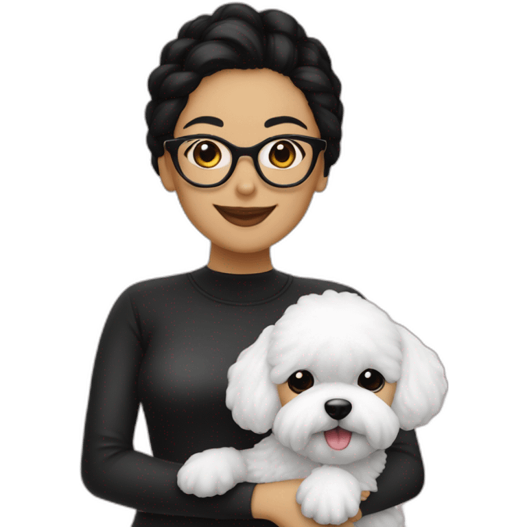 woman-black-hair-bun-with glasses-with bichon dog-white-smile-Christmas emoji