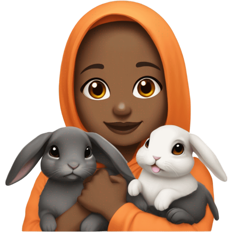 Black Muslim girl and her 3 cute orange, gray, and mix colored holland lop bunnies emoji