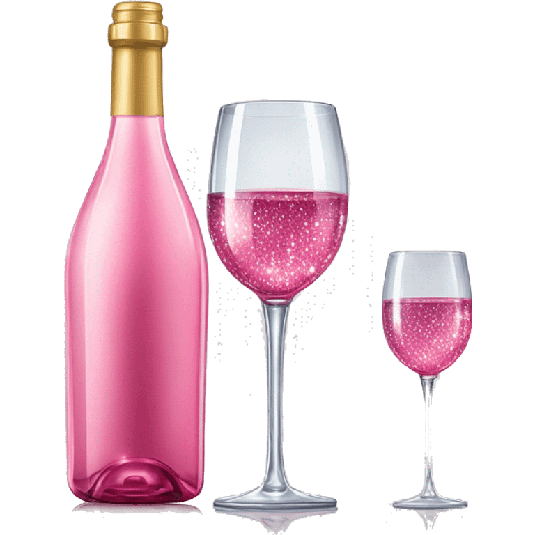 Realistic sparkling diamond glam bottle of pink Wine and matching long stem wine glass. emoji