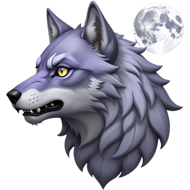 Cinematic Noble Werewolf Portrait Emoji, Formidable and majestic, with a powerful lupine silhouette in moonlit grays and silvers, featuring piercing, wise eyes and a dignified snarl that hints at untamed strength, simplified yet intricately detailed, glowing with a soft, lunar outline that encapsulates the noble duality of feral instinct and loyal guardianship! emoji