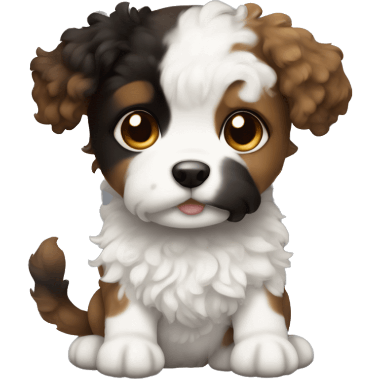 Puppy with curly black and brown fur and white fur only on chest emoji