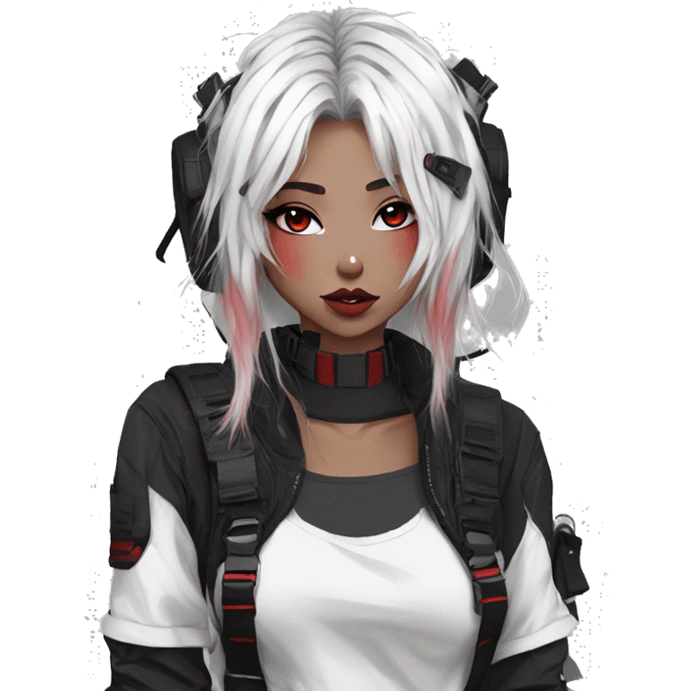 Gorgeous techwear anime style lady with blushing face aesthetic and pretty edgy black red white punk messy hair with collar and harness trending style emoji