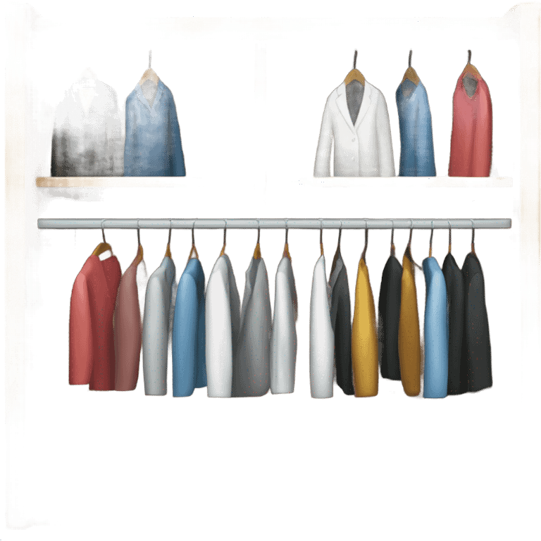 Design an emoji-style icon of an open wardrobe with clothes hanging inside. Include details like a wooden frame, hangers, and only black or white different clothing items such as shirts or any other clothing . Use a clean and minimalistic design. emoji