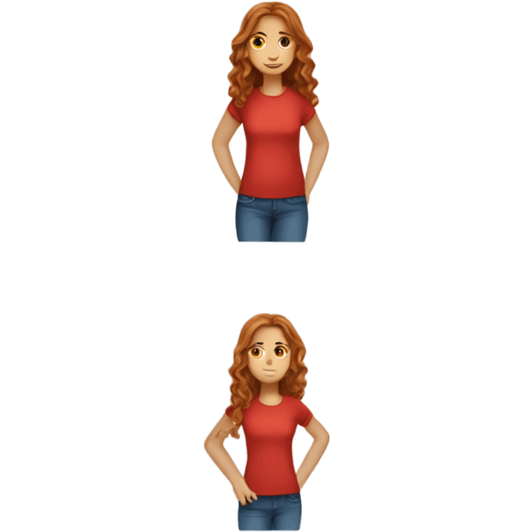 A girl with ginger long wavy hair and brown eyes wearing a red t shirt￼ emoji