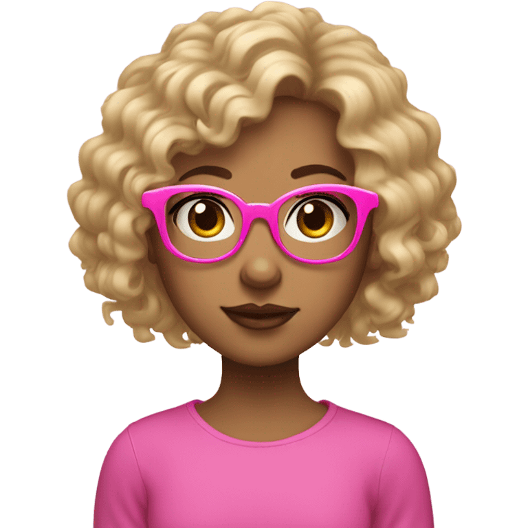 Blond girl with curly hair, curly bangs, wearing pink glasses, slanted eyes, eyelashes emoji