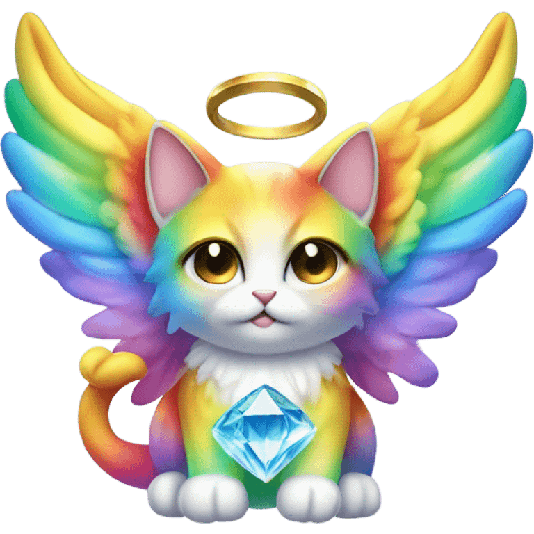 Cute Heavenly Rainbow 4d Diamond ultra Omni-Cat God with wings and a ring around its body and another ring above it’s head  emoji