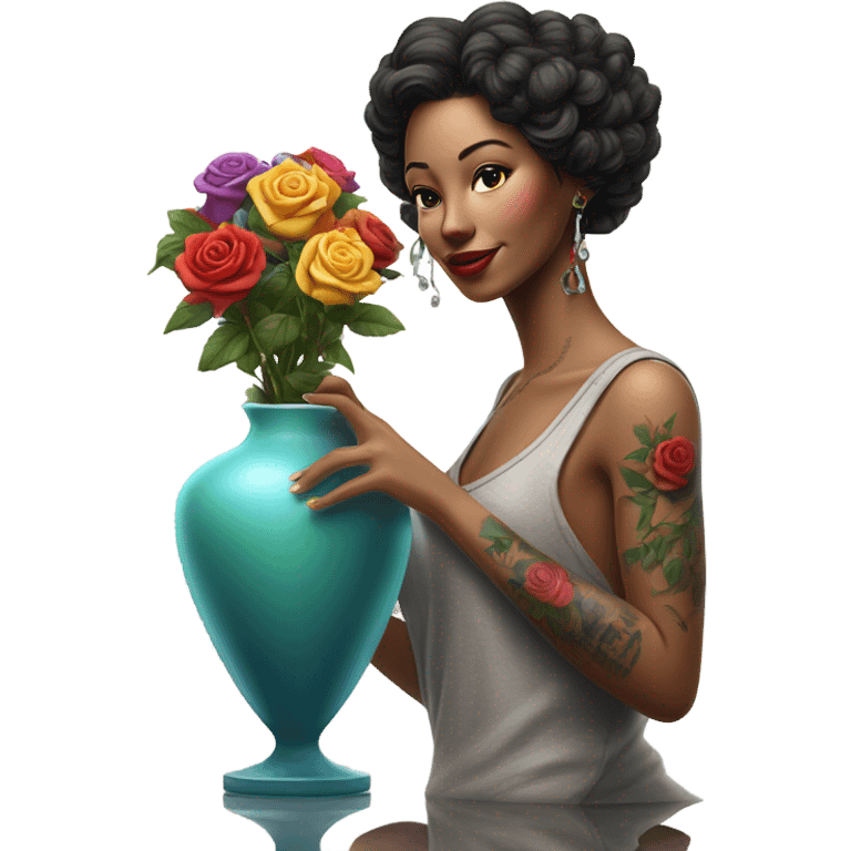 Hyper Realistic beautiful woman model with a small rose tattoo arranging flowers in a vase emoji