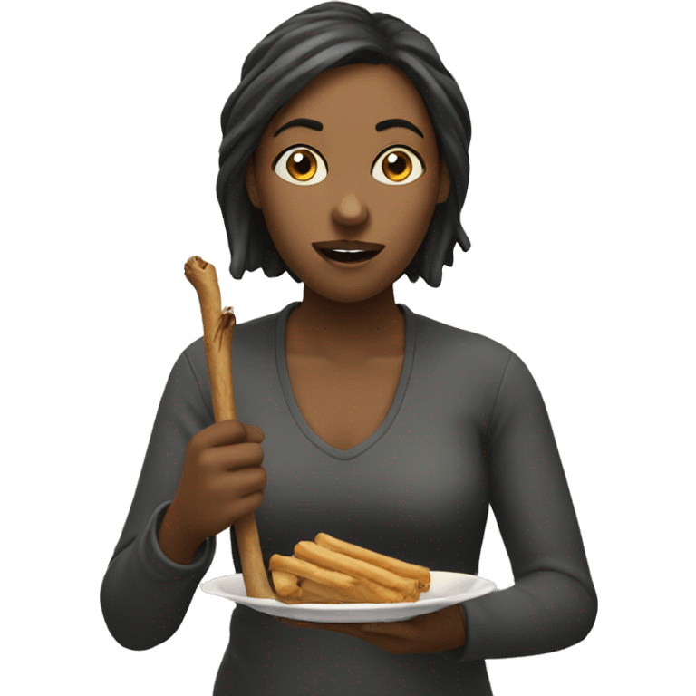 a woman is eating a stick holding wit a hand emoji