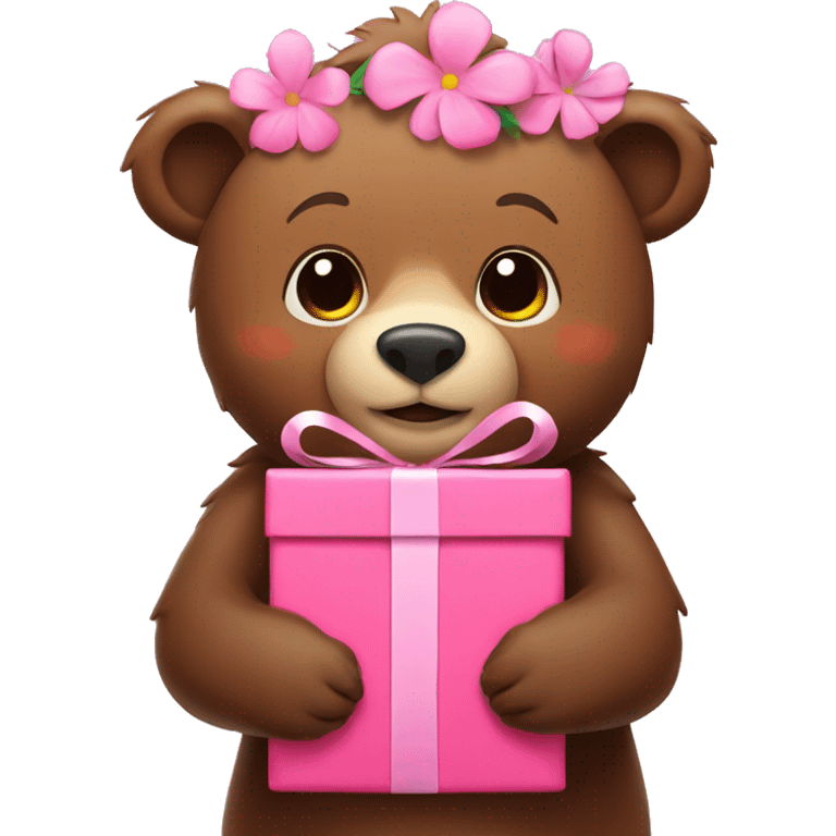 Brown bear holding a present wit pink flowers on its head emoji