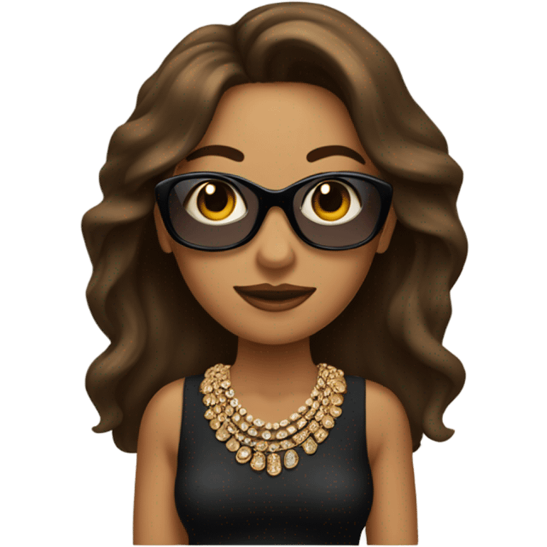 tan woman with brown hair and a  black dress and a lot of jewelry and sun glasses emoji