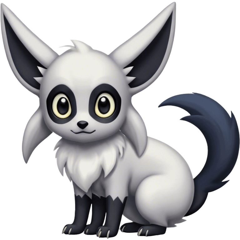 Absol-Umbreon, long thick black ears, black Scapha, black long tail, black eyes, white fur, black claws, cute big eyes, adorable emoji