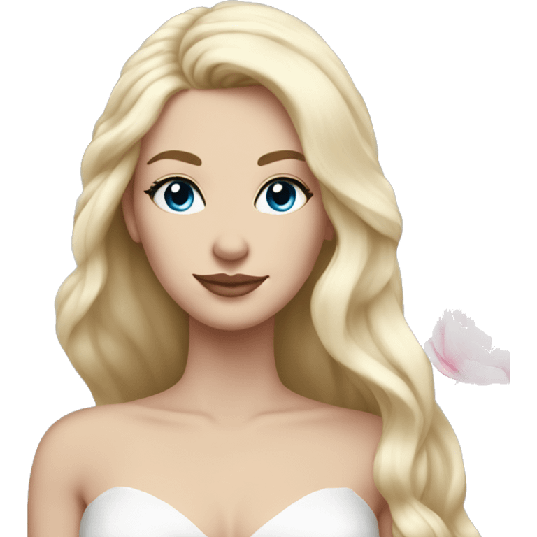 White bride with long light blonde hair and blue eyes with light pink peonies in hair white skin  emoji