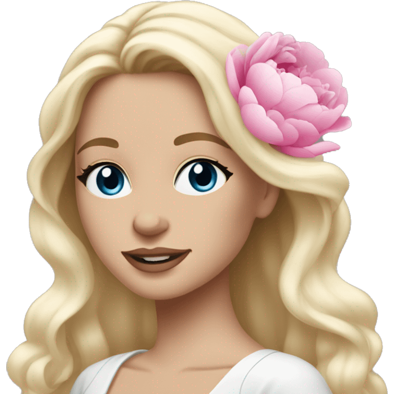 White bride with long light blonde hair and blue eyes with pink peonies in hair emoji