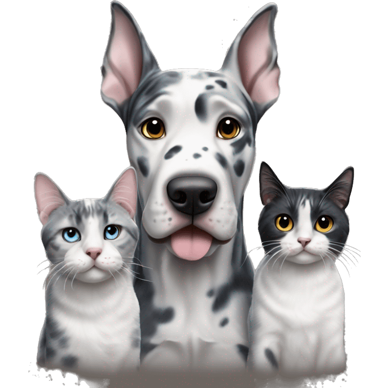 Blue Merle Great Dane with two tabby cats and one black cat emoji