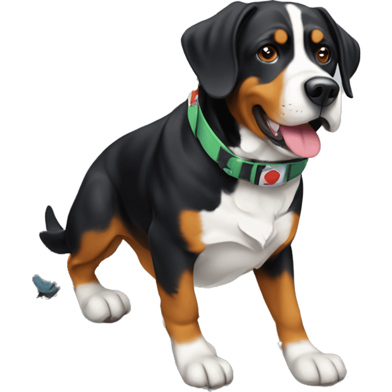 Greater Swiss Mountain dog on a snowboard emoji