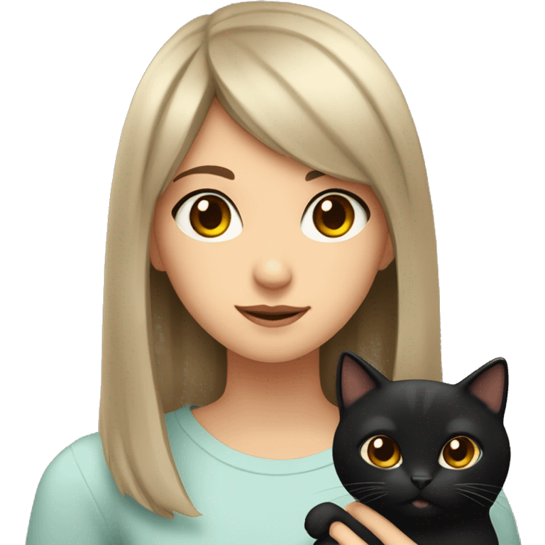 A girl with brown hair and brown eyes and bangs holds a black cat in her hands and looks at her emoji